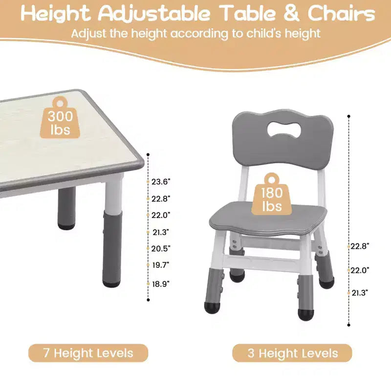 Ensemble table et chaises d'étude pour enfants avec rangement, hauteur réglable pour enfants de 3 à 8 ans, tapis de sol antidérapants, plateau de table facile à nettoyer