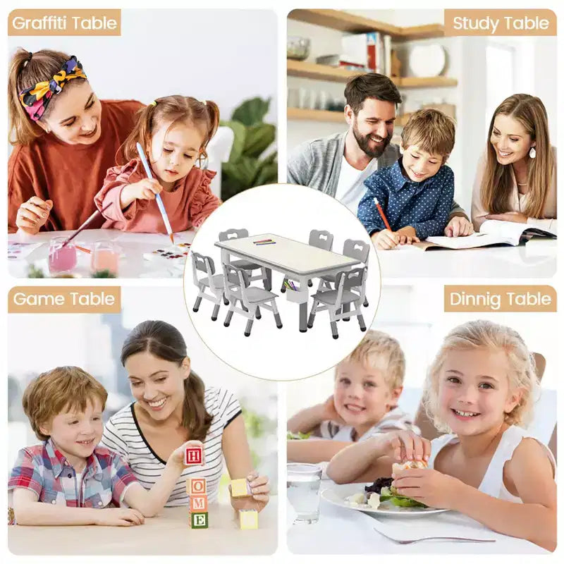 Ensemble table et chaises d'étude pour enfants avec rangement, hauteur réglable pour enfants de 3 à 8 ans, tapis de sol antidérapants, plateau de table facile à nettoyer