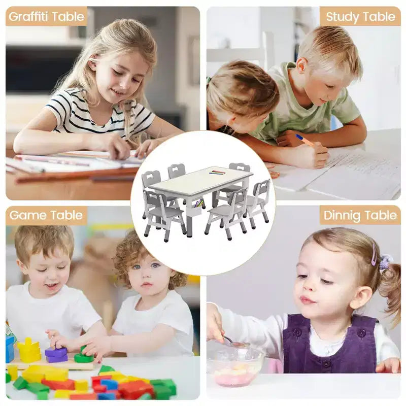 Ensemble table et chaises d'étude pour enfants avec rangement, hauteur réglable pour enfants de 3 à 8 ans, tapis de sol antidérapants, plateau de table facile à nettoyer