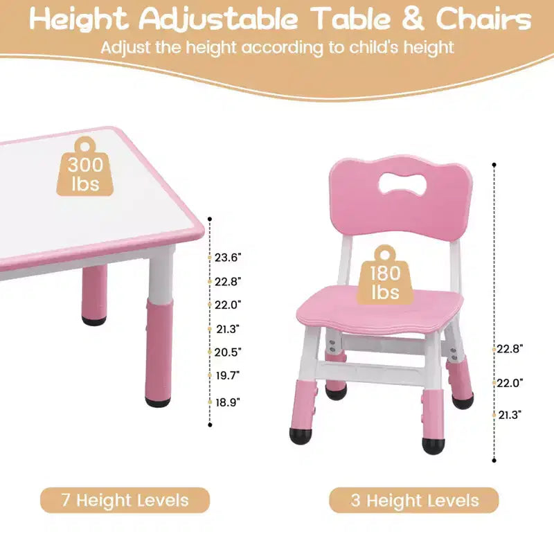 Ensemble table et chaises d'étude pour enfants avec rangement, hauteur réglable pour enfants de 3 à 8 ans, tapis de sol antidérapants, plateau de table facile à nettoyer