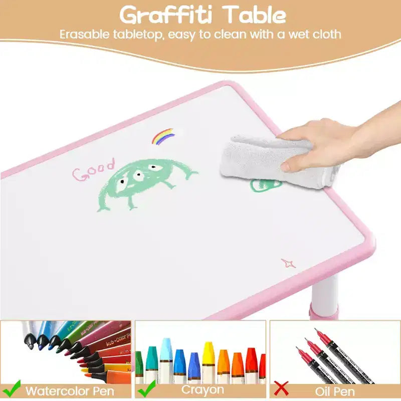 Ensemble table et chaises d'étude pour enfants avec rangement, hauteur réglable pour enfants de 3 à 8 ans, tapis de sol antidérapants, plateau de table facile à nettoyer