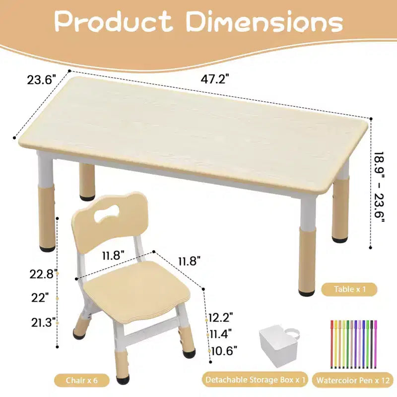 Ensemble table et chaises d'étude pour enfants avec rangement, hauteur réglable pour enfants de 3 à 8 ans, tapis de sol antidérapants, plateau de table facile à nettoyer