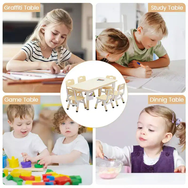 Ensemble table et chaises d'étude pour enfants avec rangement, hauteur réglable pour enfants de 3 à 8 ans, tapis de sol antidérapants, plateau de table facile à nettoyer
