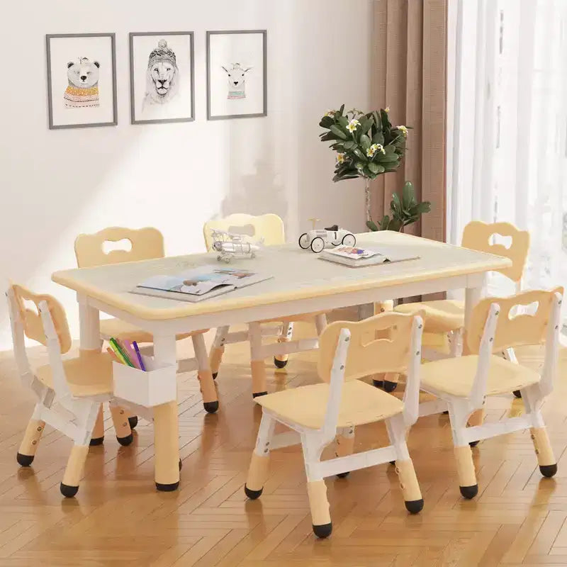 Kids Study Table and Chairs Set with Storage, Height Adjustable Toddler Table & Chair Set for Kids Ages 3-8, Anti-Slip Floor Mats, Easy-Clean Desktop