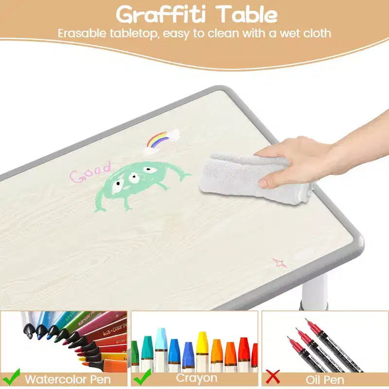 Ensemble Table et 4 Chaises pour Enfants, Table et Chaises Réglables en Hauteur pour Enfants de 3 à 10 Ans, Plateau Graffiti, Pieds Antidérapants