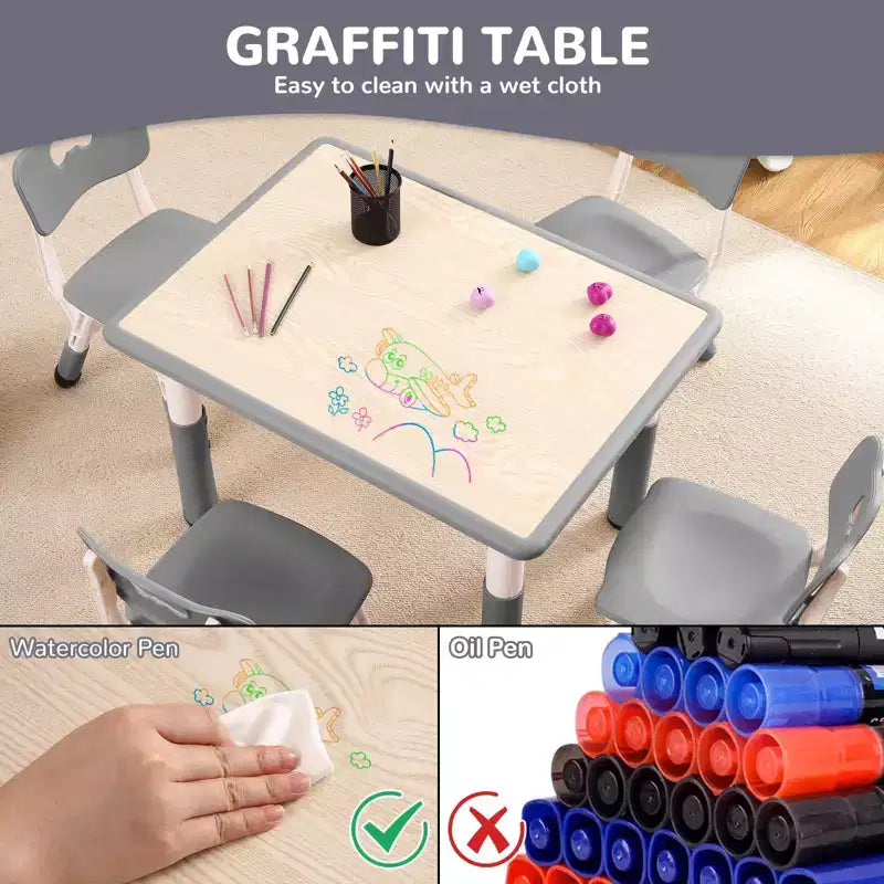 Ensemble Table et 4 Chaises pour Enfants – Bureau d'Étude Réglable en Hauteur pour Enfants avec Chaises, Pieds Antidérapants et Plateau Effaçable pour Dessins, Activités Préscolaires et Artistiques