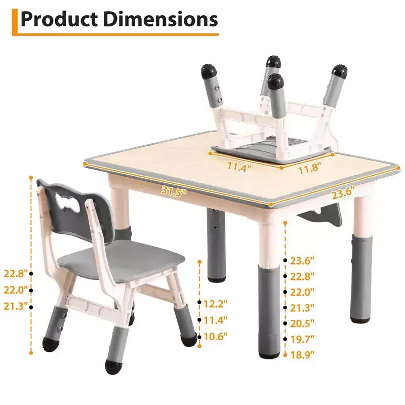 Ensemble Table et 4 Chaises pour Enfants – Bureau d'Étude Réglable en Hauteur pour Enfants avec Chaises, Pieds Antidérapants et Plateau Effaçable pour Dessins, Activités Préscolaires et Artistiques