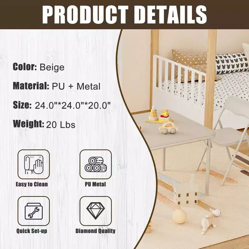 Table et Chaises Pliantes Ensemble de 3 Sièges Portables Rembourrés en PU Souple, Aucun Assemblage Requis, Parfait pour Manger, Lire et Jouer