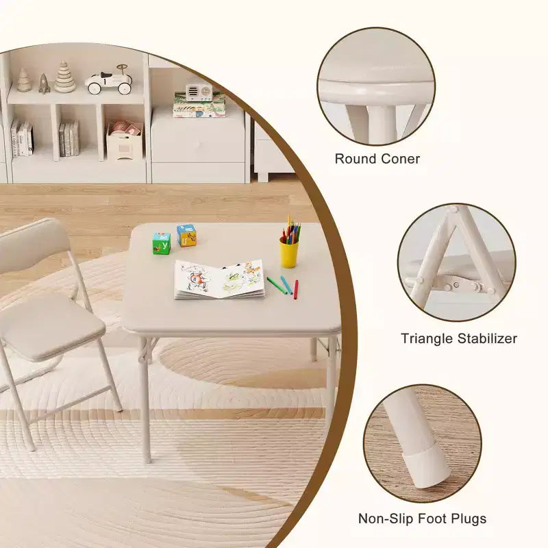 Table et Chaises Pliantes Ensemble de 3 Sièges Portables Rembourrés en PU Souple, Aucun Assemblage Requis, Parfait pour Manger, Lire et Jouer