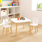 JVNOXK Children's Desk and Chair Set (includes 2 chairs), 3-Piece Rabbit-Themed Toddler Desk and Chair Set, Solid Wood Legs (White)