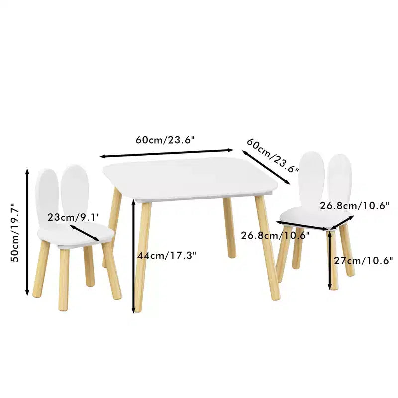 JVNOXK Bureau et Chaise pour Enfants (inclut 2 chaises), Ensemble de Bureau et Chaises 3 Pièces Thème Lapin pour Tout-Petits, Pieds en Bois Massif (Blanc)