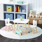 JVNOXK Bureau et Chaise pour Enfants (inclut 2 chaises), Ensemble de Bureau et Chaises 3 Pièces Thème Lapin pour Tout-Petits, Pieds en Bois Massif (Blanc)