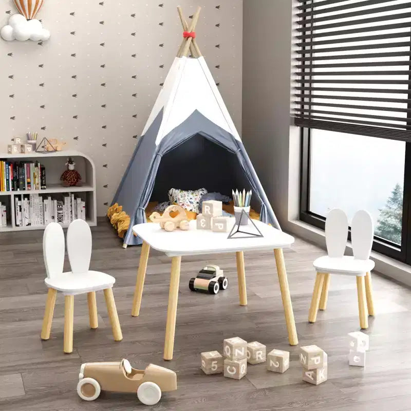 JVNOXK Bureau et Chaise pour Enfants (inclut 2 chaises), Ensemble de Bureau et Chaises 3 Pièces Thème Lapin pour Tout-Petits, Pieds en Bois Massif (Blanc)