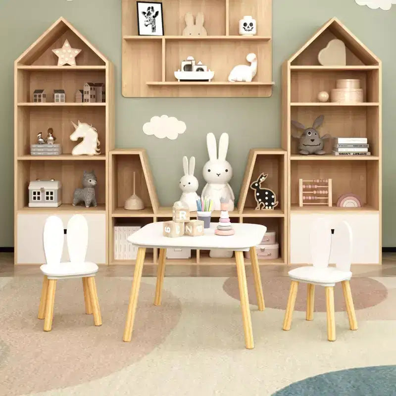 JVNOXK Bureau et Chaise pour Enfants (inclut 2 chaises), Ensemble de Bureau et Chaises 3 Pièces Thème Lapin pour Tout-Petits, Pieds en Bois Massif (Blanc)