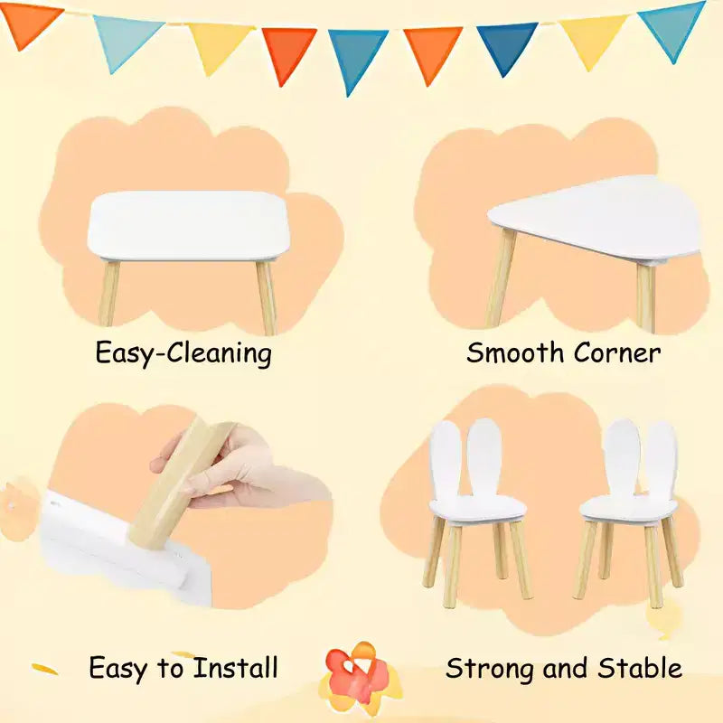 JVNOXK Bureau et Chaise pour Enfants (inclut 2 chaises), Ensemble de Bureau et Chaises 3 Pièces Thème Lapin pour Tout-Petits, Pieds en Bois Massif (Blanc)