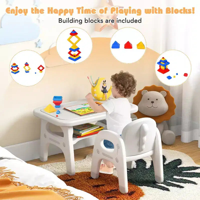 Ensemble table et chaises pour enfants Costway avec joli motif dinosaure, étagère de rangement et blocs de construction