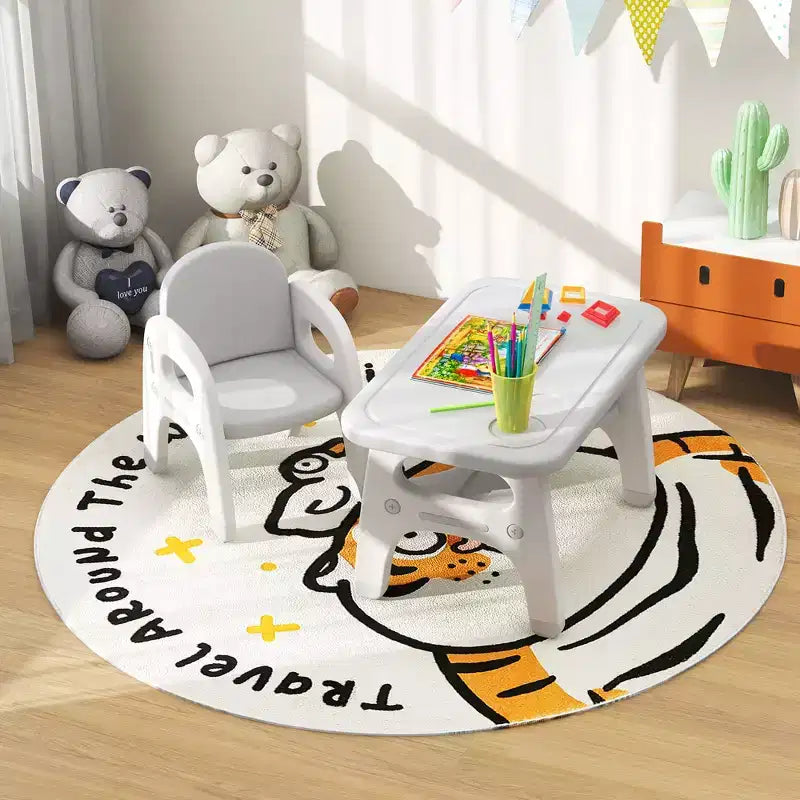 Ensemble table et chaises pour enfants Costway avec joli motif dinosaure, étagère de rangement et blocs de construction