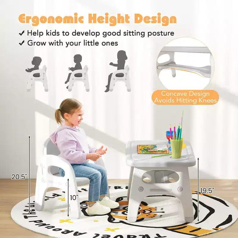 Ensemble table et chaises pour enfants Costway avec joli motif dinosaure, étagère de rangement et blocs de construction