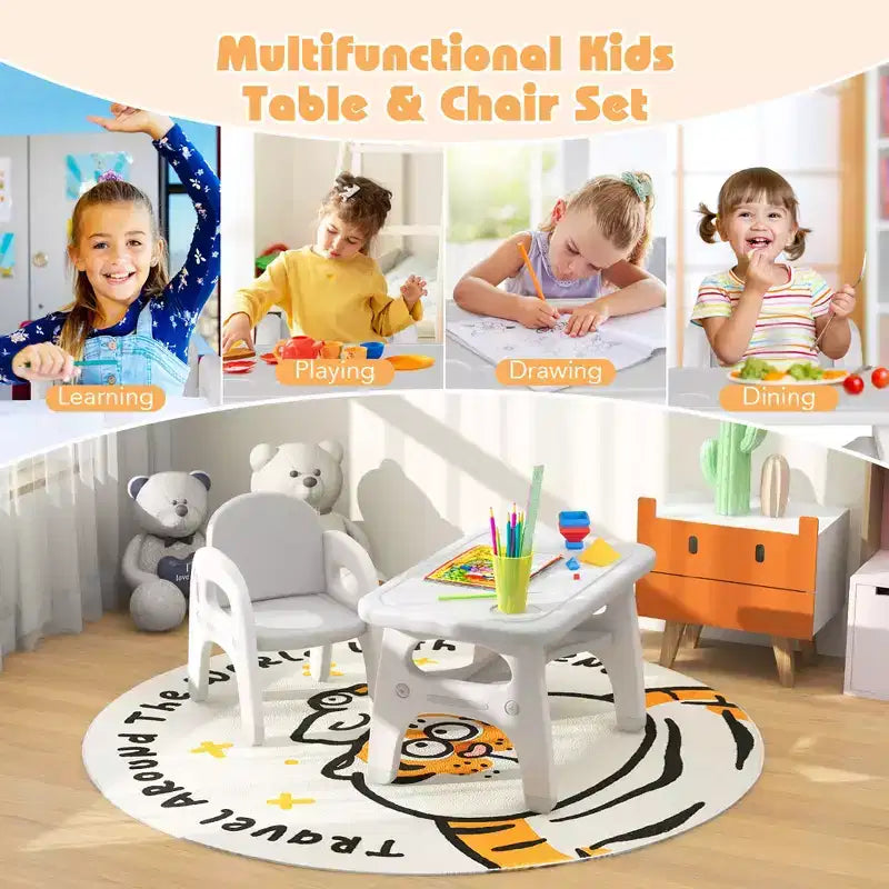 Ensemble table et chaises pour enfants Costway avec joli motif dinosaure, étagère de rangement et blocs de construction