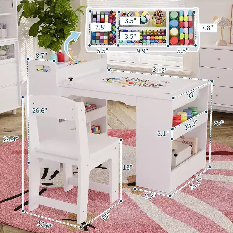 Table et 2 chaises Garvee Kids Art, Table d'artisanat avec grandes étagères de rangement, Bureau de dessin en bois Activité et artisanat pour enfants