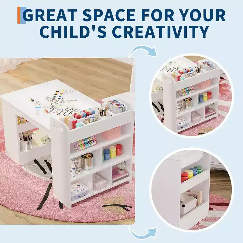 Table et 2 chaises Garvee Kids Art, Table d'artisanat avec grandes étagères de rangement, Bureau de dessin en bois Activité et artisanat pour enfants