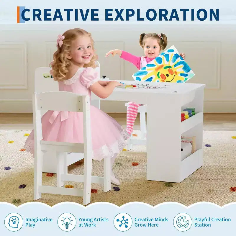 Table et 2 chaises Garvee Kids Art, Table d'artisanat avec grandes étagères de rangement, Bureau de dessin en bois Activité et artisanat pour enfants