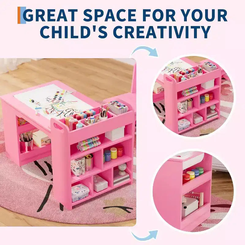 Table et 2 chaises Garvee Kids Art, Table d'artisanat avec grandes étagères de rangement, Bureau de dessin en bois Activité et artisanat pour enfants