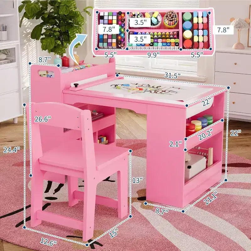 Table et 2 chaises Garvee Kids Art, Table d'artisanat avec grandes étagères de rangement, Bureau de dessin en bois Activité et artisanat pour enfants