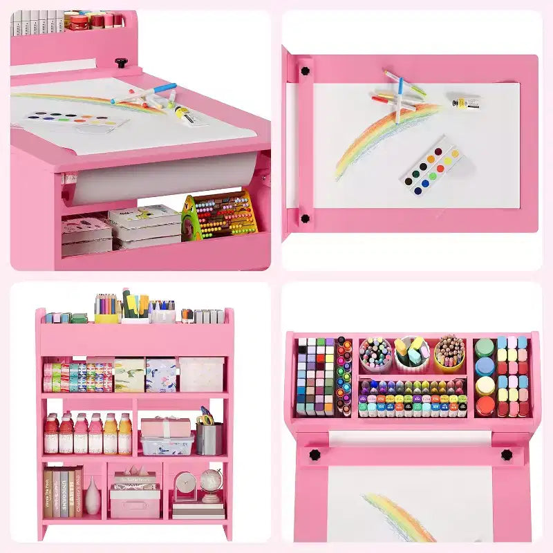 Table et 2 chaises Garvee Kids Art, Table d'artisanat avec grandes étagères de rangement, Bureau de dessin en bois Activité et artisanat pour enfants