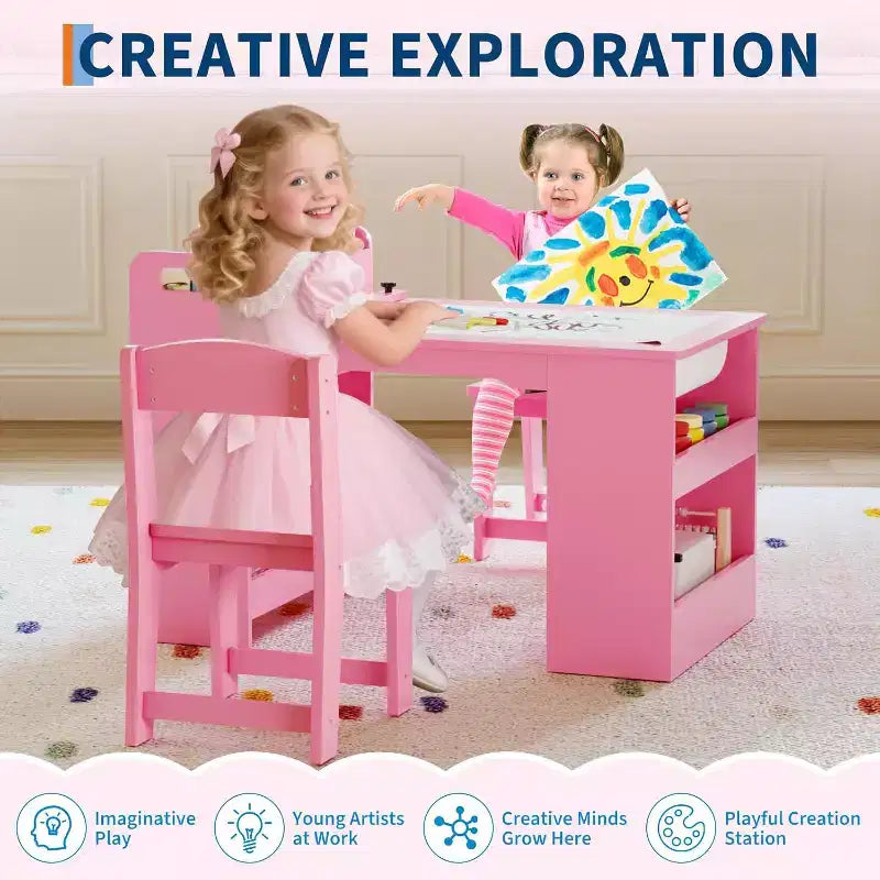 Table et 2 chaises Garvee Kids Art, Table d'artisanat avec grandes étagères de rangement, Bureau de dessin en bois Activité et artisanat pour enfants