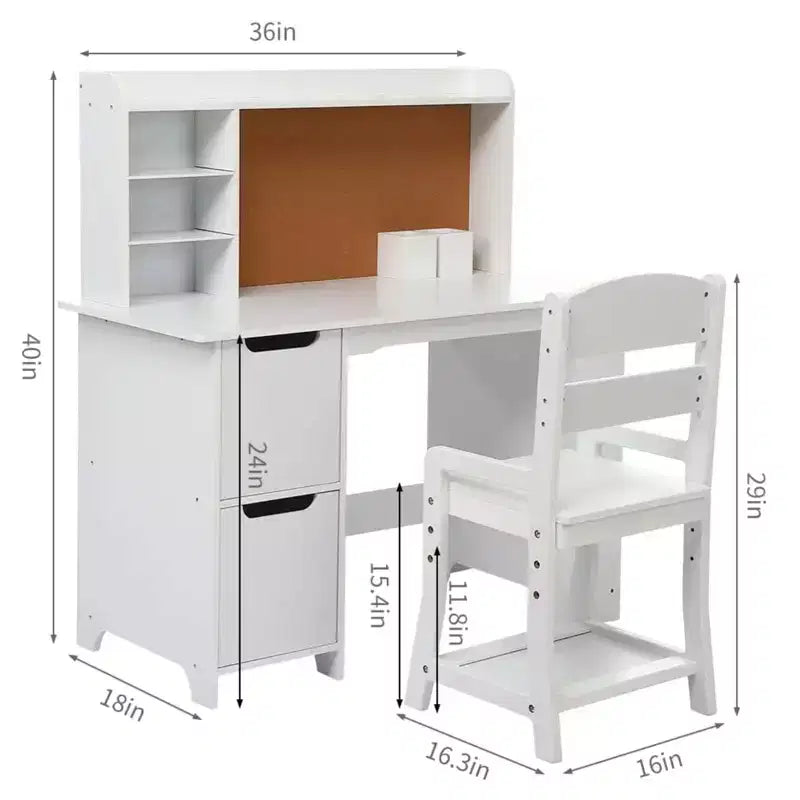 GustoWave Ensemble Bureau et Chaise pour Enfants avec Étagère et Tableau en Liège, Table d'Étude en Bois avec Rangement pour Enfants de 3 à 8 Ans, Blanc