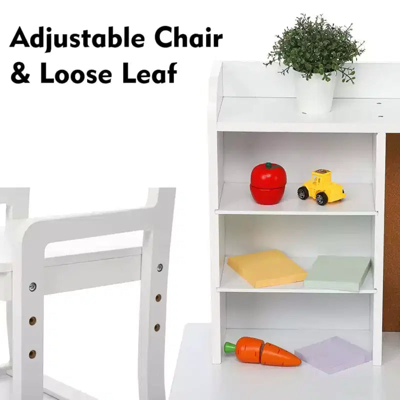 GustoWave Ensemble Bureau et Chaise pour Enfants avec Étagère et Tableau en Liège, Table d'Étude en Bois avec Rangement pour Enfants de 3 à 8 Ans, Blanc