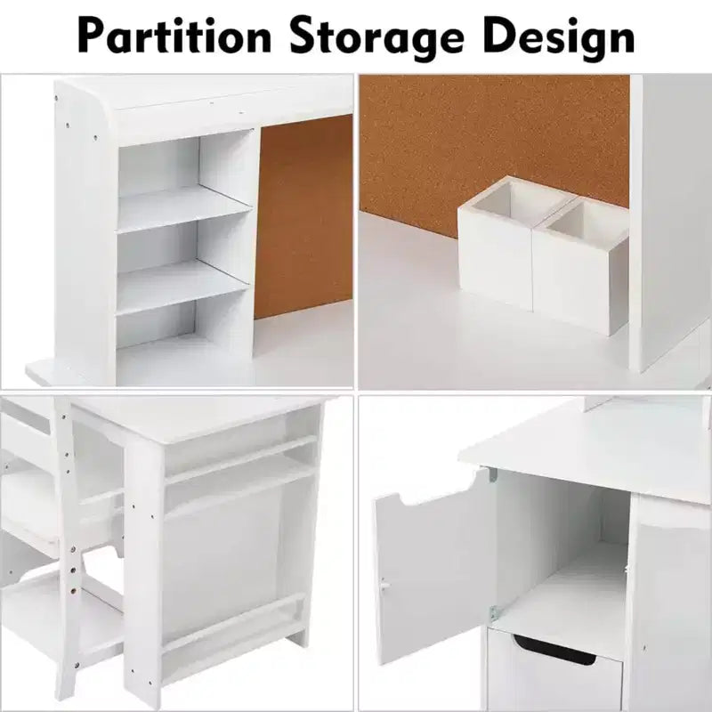 GustoWave Ensemble Bureau et Chaise pour Enfants avec Étagère et Tableau en Liège, Table d'Étude en Bois avec Rangement pour Enfants de 3 à 8 Ans, Blanc