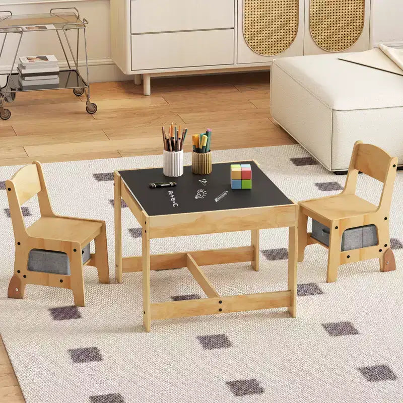 Costway Ensemble Table et Chaises 3-en-1 pour Enfants avec Plateau Réversible Tableau Blanc/Noir et Rangement Caché