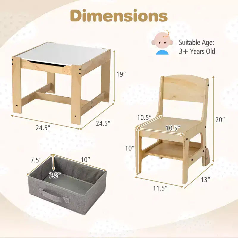 Costway Ensemble Table et Chaises 3-en-1 pour Enfants avec Plateau Réversible Tableau Blanc/Noir et Rangement Caché