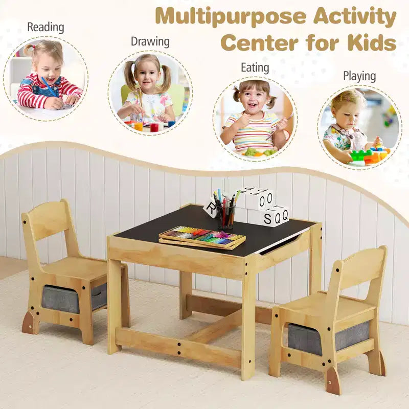 Costway Ensemble Table et Chaises 3-en-1 pour Enfants avec Plateau Réversible Tableau Blanc/Noir et Rangement Caché
