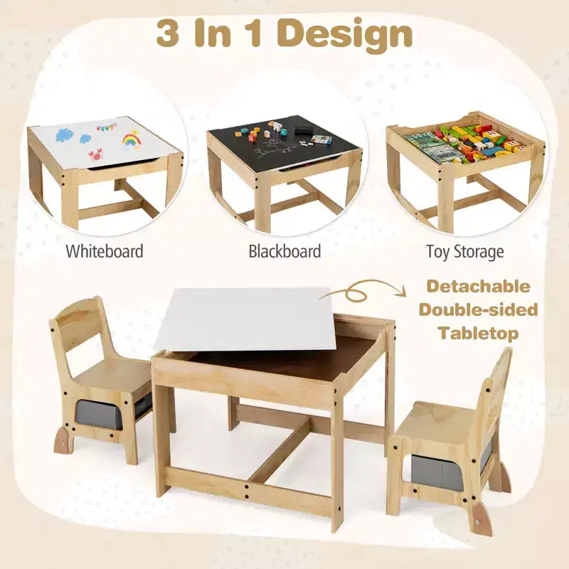 Costway Ensemble Table et Chaises 3-en-1 pour Enfants avec Plateau Réversible Tableau Blanc/Noir et Rangement Caché