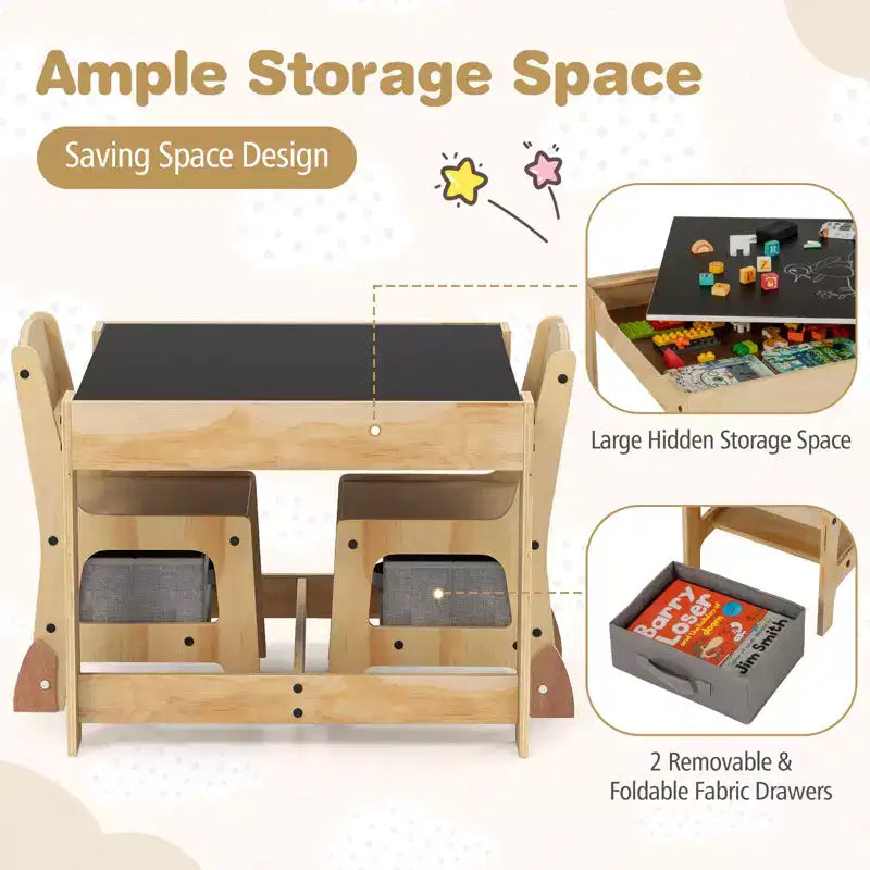 Costway Ensemble Table et Chaises 3-en-1 pour Enfants avec Plateau Réversible Tableau Blanc/Noir et Rangement Caché