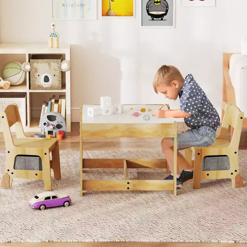 Costway Ensemble Table et Chaises 3-en-1 pour Enfants avec Plateau Réversible Tableau Blanc/Noir et Rangement Caché