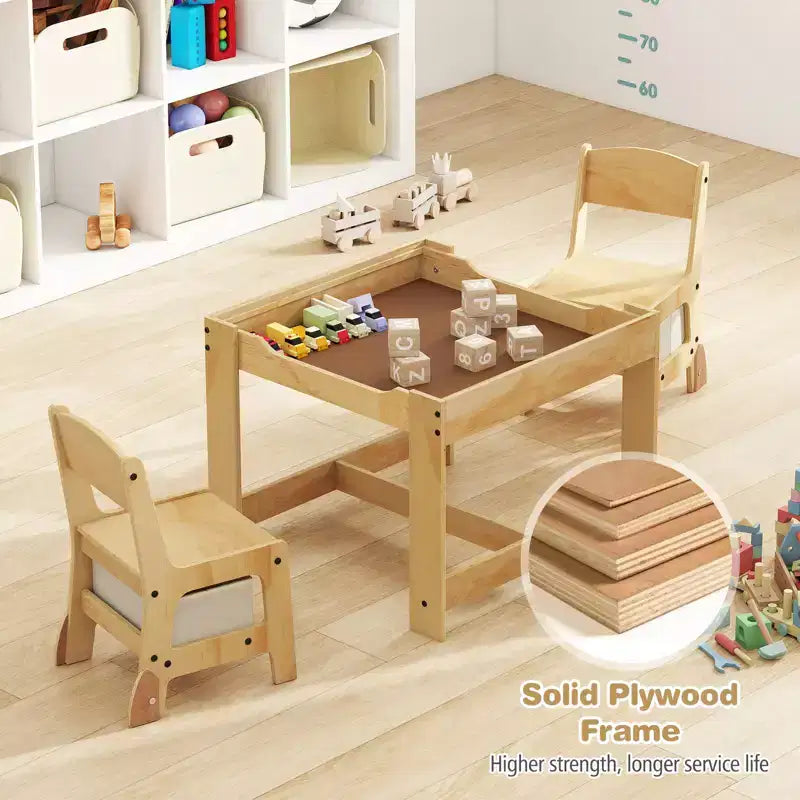Costway Ensemble Table et Chaises 3-en-1 pour Enfants avec Plateau Réversible Tableau Blanc/Noir et Rangement Caché