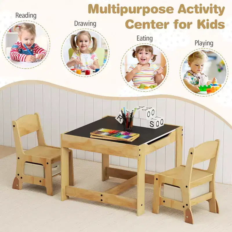 Costway Ensemble Table et Chaises 3-en-1 pour Enfants avec Plateau Réversible Tableau Blanc/Noir et Rangement Caché