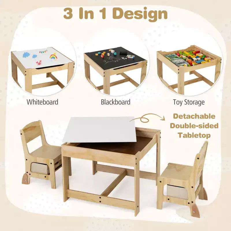 Costway Ensemble Table et Chaises 3-en-1 pour Enfants avec Plateau Réversible Tableau Blanc/Noir et Rangement Caché