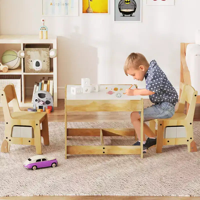 Costway Ensemble Table et Chaises 3-en-1 pour Enfants avec Plateau Réversible Tableau Blanc/Noir et Rangement Caché
