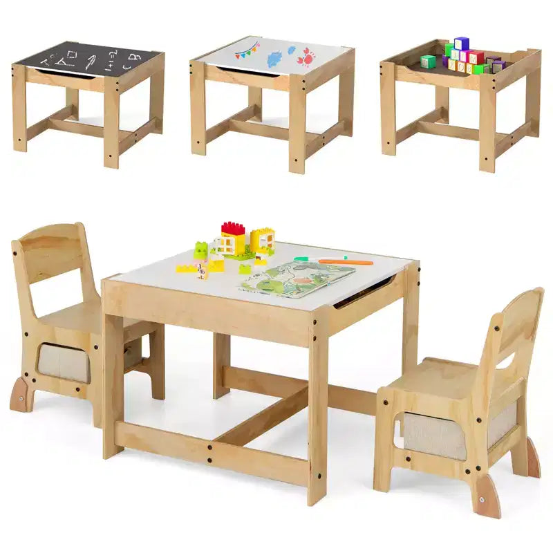 Costway 3-In-1 Kids Table & Chairs Set w/Reversible Whiteboard/Chalkboard Top Hidden Storage