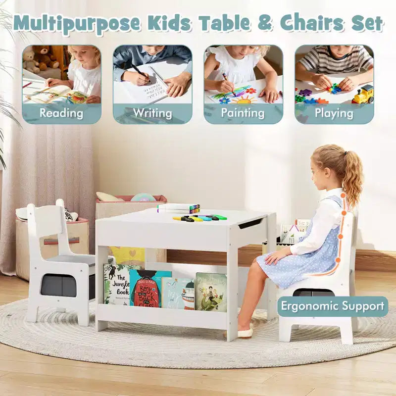 Table et chaises 4 en 1 pour enfants Costway avec plateau réversible graffiti et blocs de construction