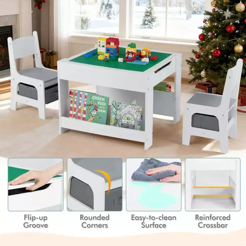 Table et chaises 4 en 1 pour enfants Costway avec plateau réversible graffiti et blocs de construction