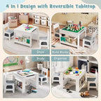 Table et chaises 4 en 1 pour enfants Costway avec plateau réversible graffiti et blocs de construction