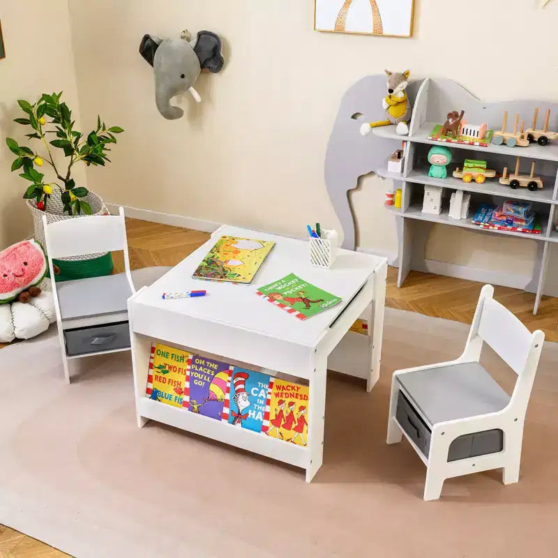 Table et chaises 4 en 1 pour enfants Costway avec plateau réversible graffiti et blocs de construction