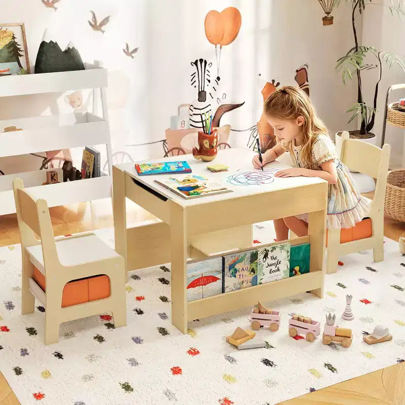 Table et chaises 4 en 1 pour enfants Costway avec plateau réversible graffiti et blocs de construction