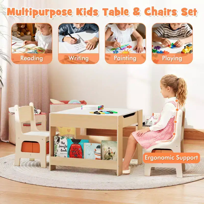 Table et chaises 4 en 1 pour enfants Costway avec plateau réversible graffiti et blocs de construction